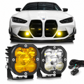 Amber and white combo LED pod pair with wiring harness and a front vehicle installation view
