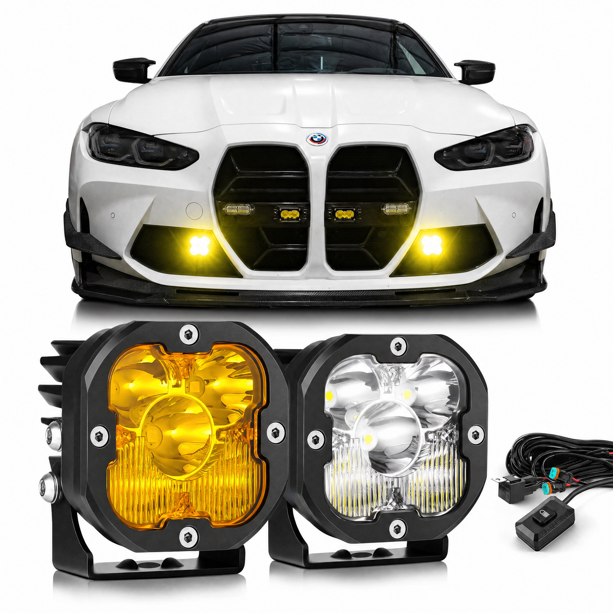 Amber and white combo LED pod pair with wiring harness and a front vehicle installation view