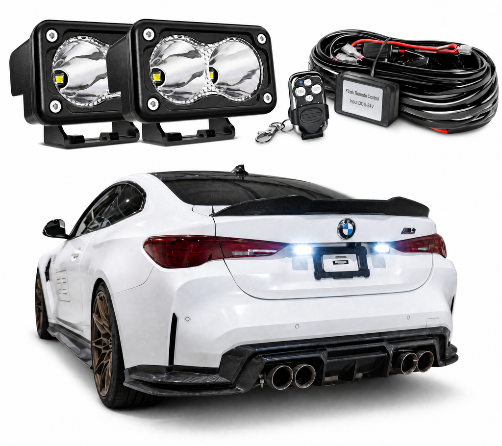 White LED pod pair with wireless remote strobe wiring kit and a rear vehicle installation view