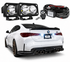 White LED pod pair with wireless remote strobe wiring kit and a rear vehicle installation view