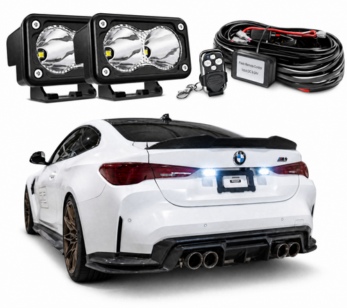 White LED pod pair with wireless remote strobe wiring kit and a rear vehicle installation view